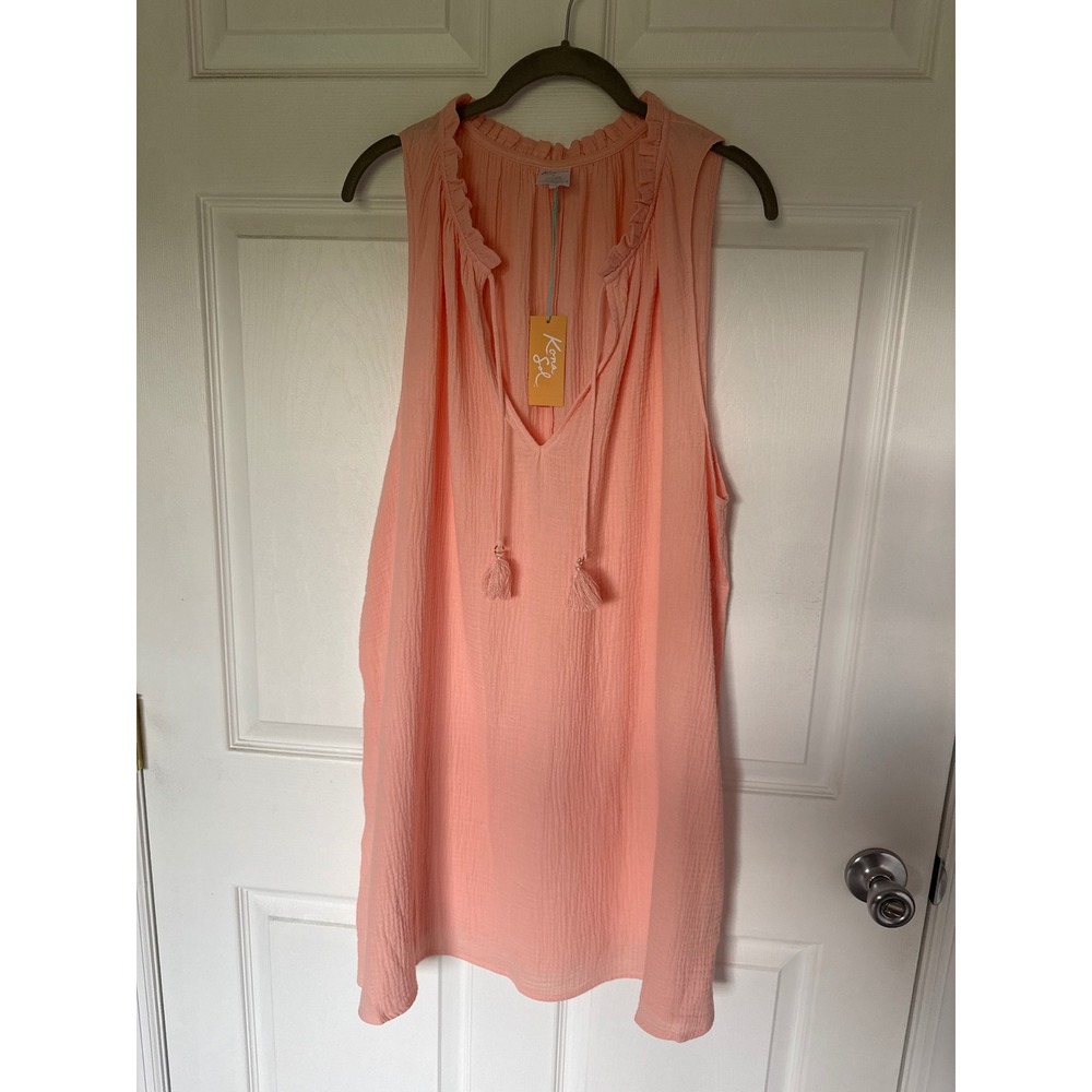 Kona Sol Women XL Peach Gauze Sleeveless Ruffle Neck Tassel Swim Cover Up Dress